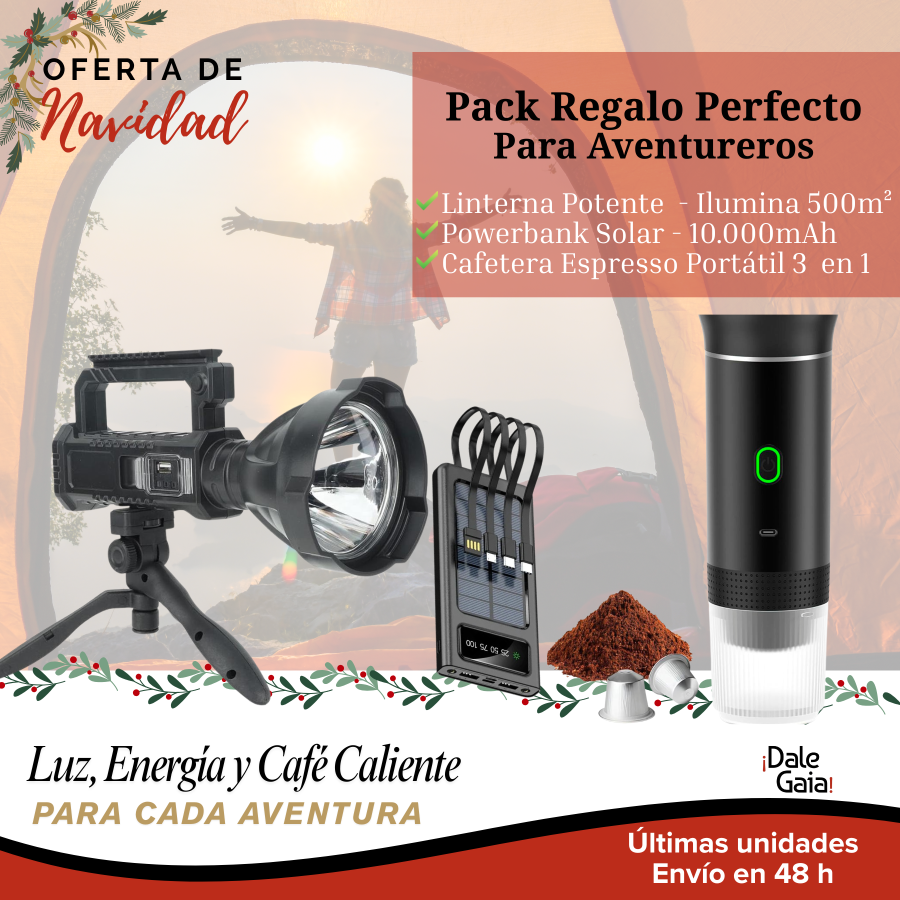 Powerful Flashlight + Solar Power Bank + 3-in-1 Portable Espresso Maker