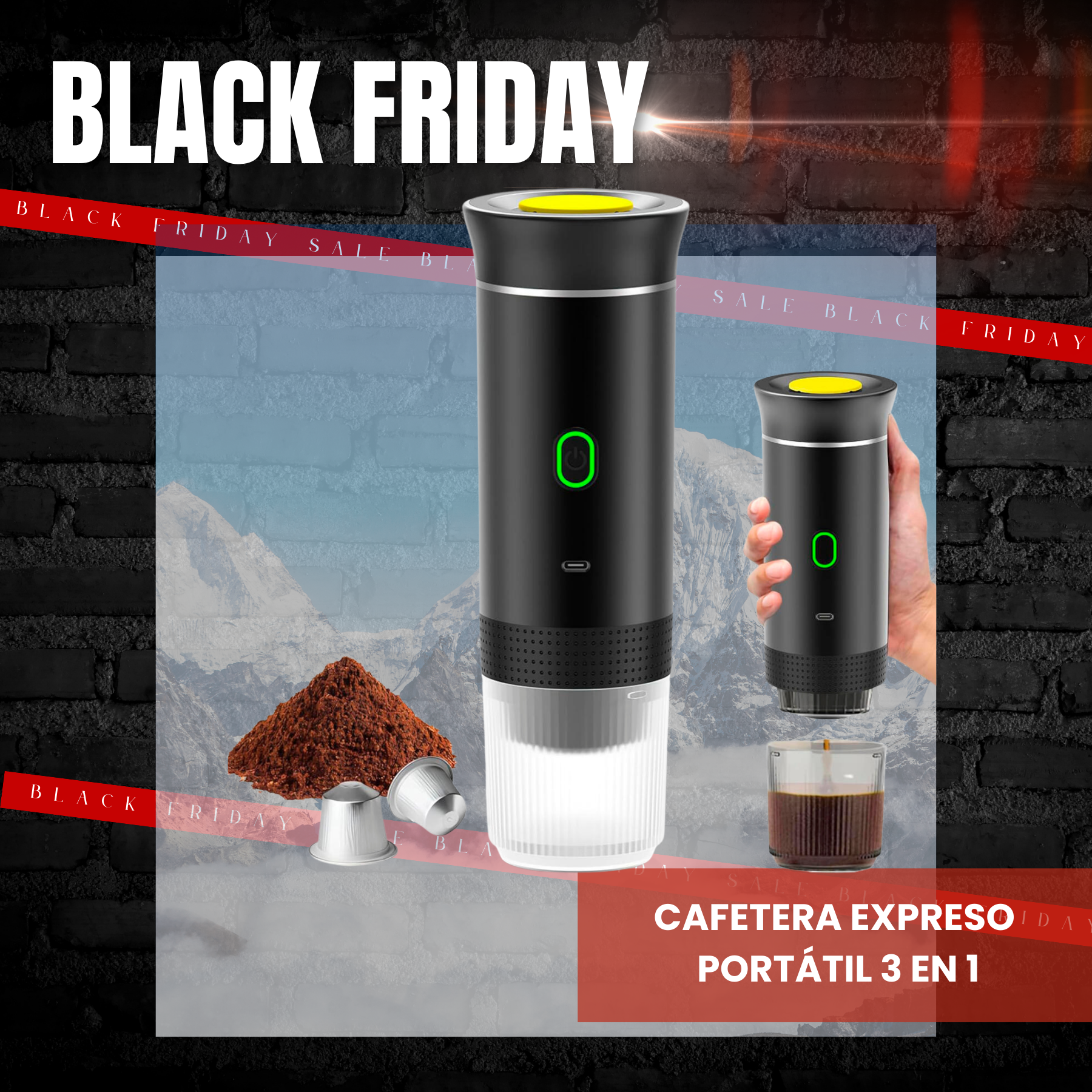 Pack Regalo para Aventureros - Linterna Potente + Powerbank Solar + Cafetera Expreso Portátil 3 en 1