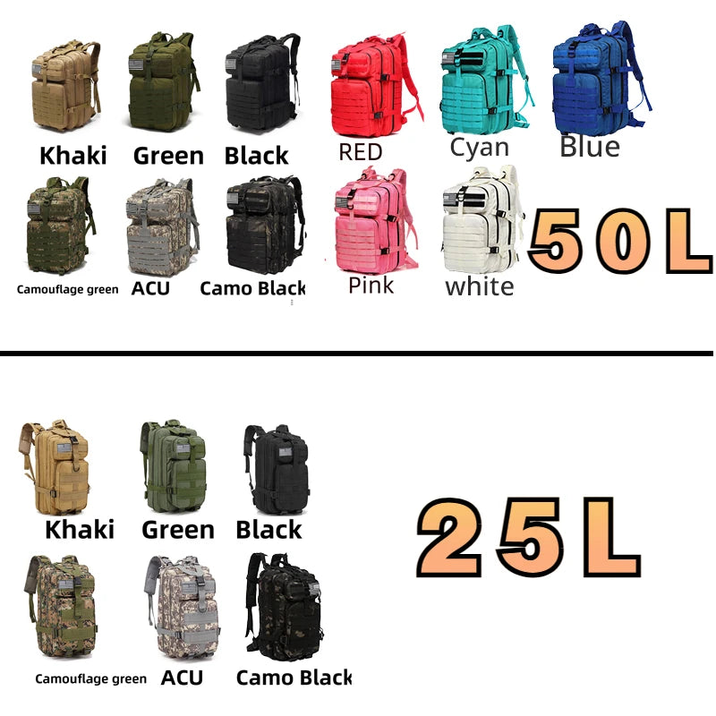 50L Waterproof Tactical Backpack for Hiking & Camping